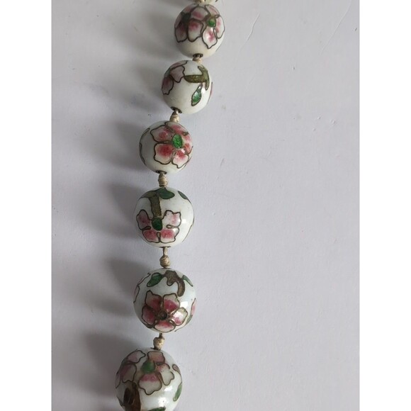 VTG Chinese White Pink Cloisonne Paint Style Knotted Glass Bead 27" Necklace - Picture 5 of 14